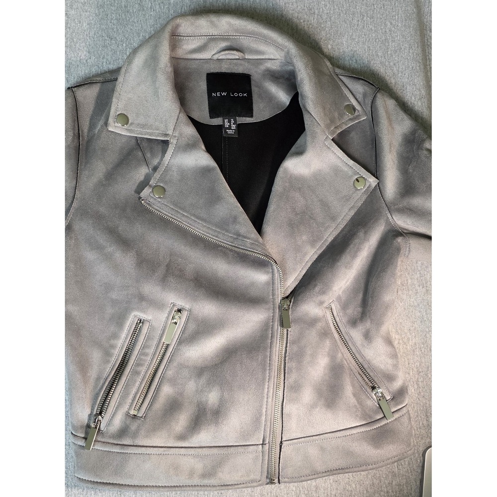 New Look Grey Faux Suede Biker Moto Jacket Womens Size 8 Asymmetric Zip